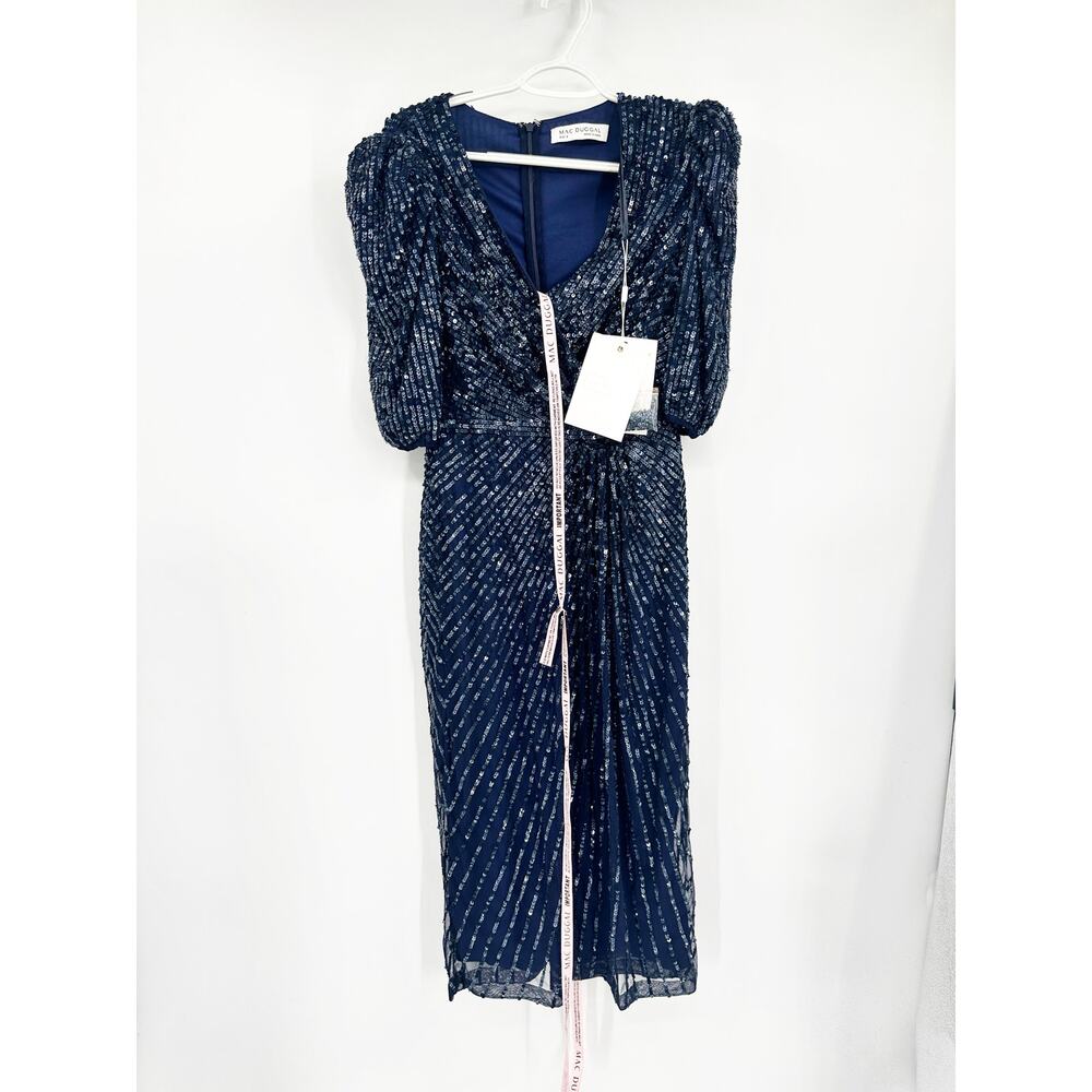 Mac Duggal 5578 Midnight Navy Sequined V-Neck Short Puff Sleeve Midi Dress 8 NWT - Picture 4 of 7